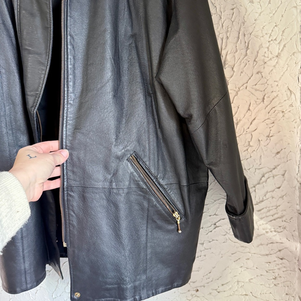 Vintage Black Leather Jacket with Gold Accents - Picture 4 of 11